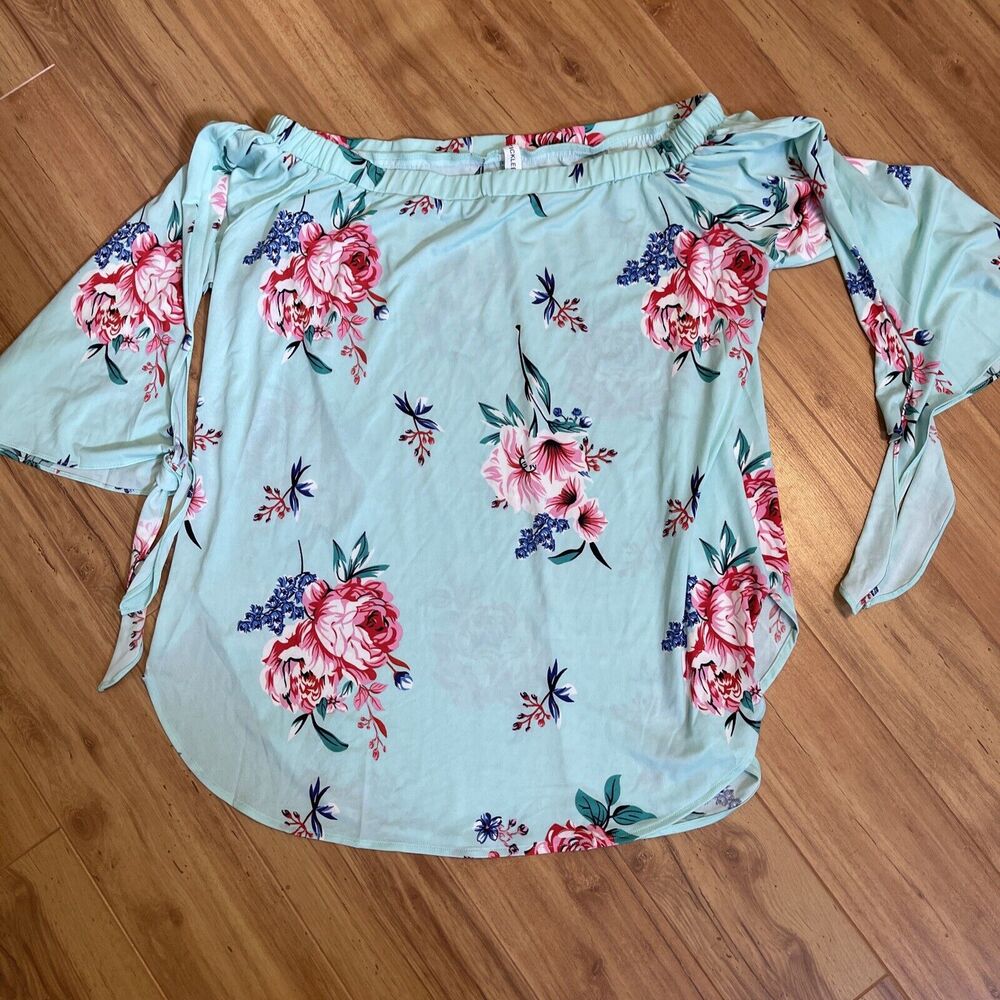 Womens Teal and Floral Top Tickled Teal Size L
